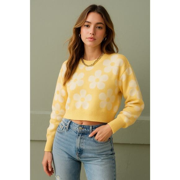 Luna Ivy Sweaters - Luna Ivy Daisy Croquette Cottage Preppy Cozy Casual Cropped Sweater Sz S Yellow